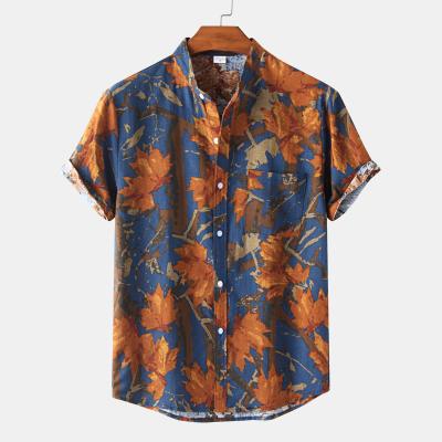 China High Quality Maple Tree Pattern Mens Anti-Wrinkle Polyester Shirts Summer Printed Shirt for sale