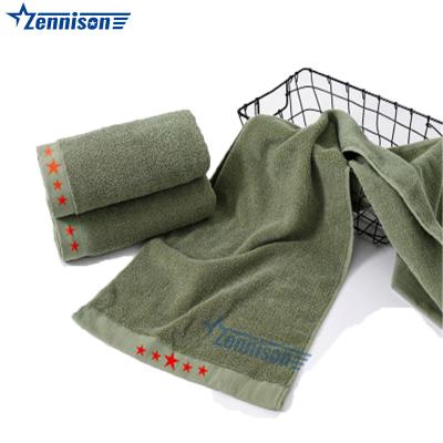 China Quickly Dry Sustainable Soft Towel Olive Green Military Training Pure Cotton Army Bath Towel for sale