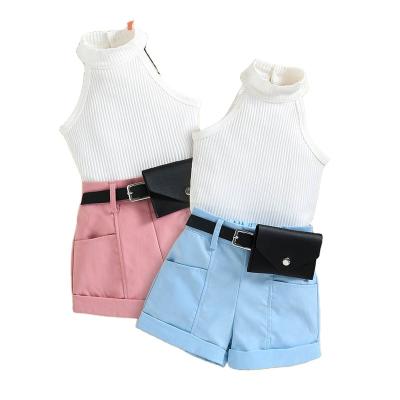 China Bear Leader Girl Clothes Outfits Vertical Stripe Halter Solid Color Top + Shorts with Waist Bag Three-piece Set Fashion Clothes for sale