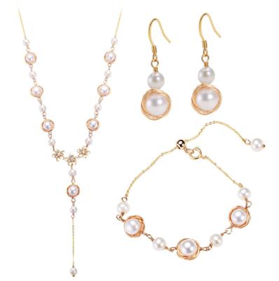 China Wholesale Crochet Woven Winding Freshwater Prodigal Hot Selling Romantic 925 Girl's Tremella Romantic Near Round Pearl Jewelry Set for sale