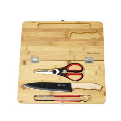 China Bamboo Portable Kitchen Utensil Set With Knife, Tongs, Bamboo Scissors Cutting Board Set for sale