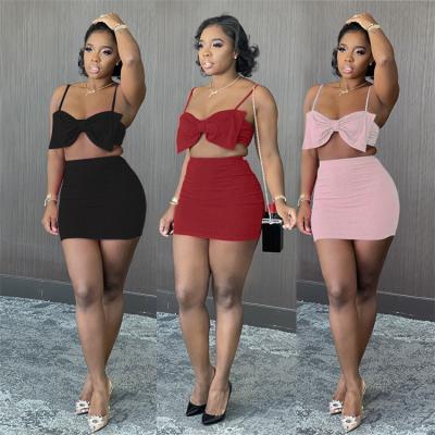 China Free Sample QUICK DRY Women's Hot Sale Mini Skirt Two Piece Set Bow Knot Suspender Top Dress for sale