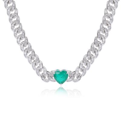 China Vintage Jewelry Silver Micro Paved CZ Zircon Green Key Stone Cuban Link Bracelet Women Silver 925 Necklaces Heart Shape With Pendant for sale