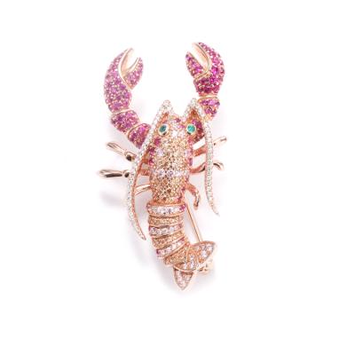 China Large Rose Gold Pin Enamel Red Silver Cute Zircon Seafood Jewelry Women Fashion Lobster Brooch for sale