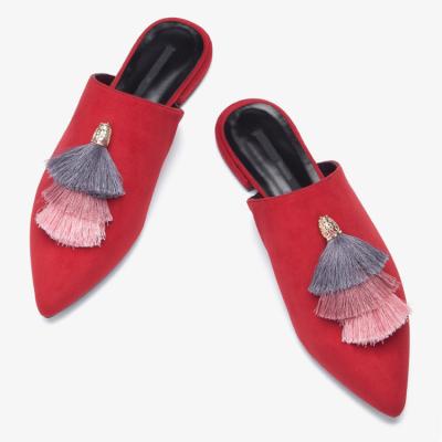 China Ladies/Women Peep Private Brand Logo Flat Toe Mules Sandal Slippers With Tassel for sale