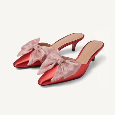 China Bowknot Anti-slippery satin low heel slippers slip on mule wedding bridal sandals for sale