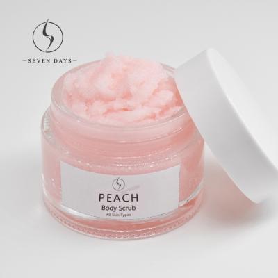 China Sugar Fragrance Peach Exfoliator Factory Private Label Anti Freckle Whole Body Deep Cleansing Plastic Jars Body Scrub With Clear Square for sale