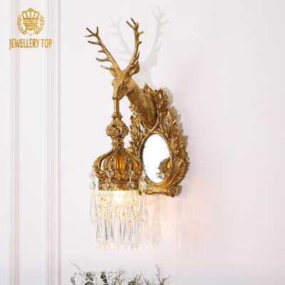 China Jewelerytop Luxury Mid Century French Rococo Crystal Sconce Deer Bronze Wall Lights Copper High End Lighting Antique Brass Wall Lamp for sale