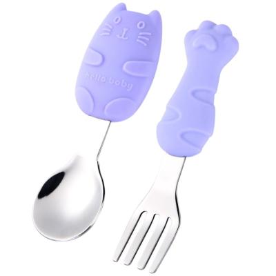 China Wholesale Free Flatware Flatware Kids Self Training BPA Free Kids Tableware Set Feeding Silicone Handle 304 Stainless Steel Spoon for sale