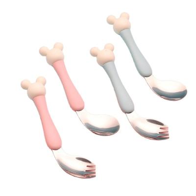 China BPA Free New Design Stainless Steel Spoon And Fork Baby Training Administer Stainless Steel And Silicon Spoon Fork Set For Baby for sale