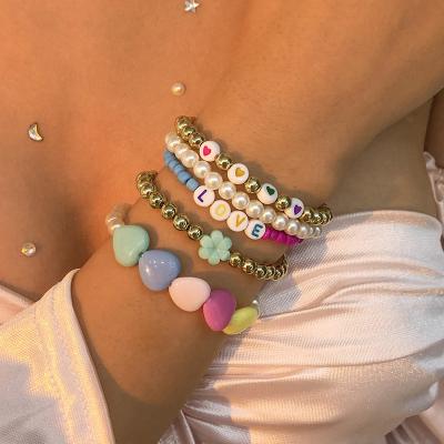 China 2022 New TRENDY Resin Bracelet Bangle Heart Colorful Flower Simulated Pearl Beads Bracelets Layered Design Fashion Jewelry Set Cute for sale