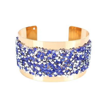 China Wholesale Custom Made Shiny Rhinestone Crystal Cuff Bangle Fashion Exaggerate Retro Hyperbole Gold Wide Bangle Bracelet For Women for sale