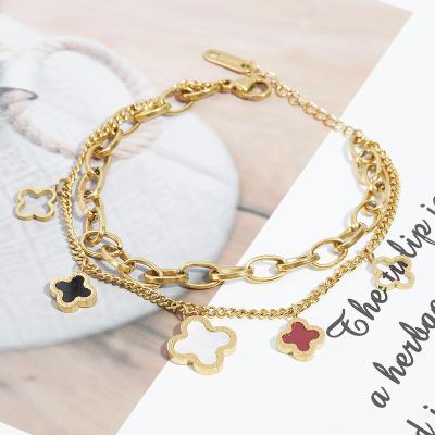 China Vintage Korean Fashion 18k Gold Plated Two Layers Shell Rhinestone Crystal Shining Four-Leaf Bracelet Chains For Woman Girls for sale