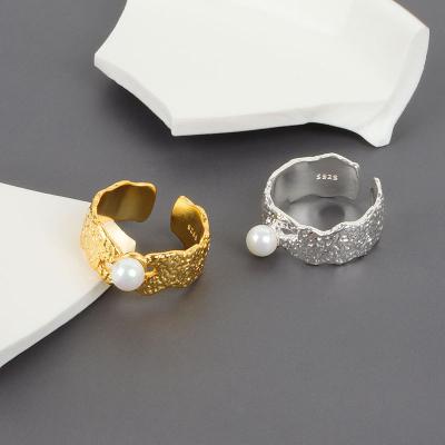 China Vintage Korean Ins Fashion Gold And Silver Plated Wrinkle Pearl Ring 925 Silver Jewelry Accessories For Woman Girls Daily for sale