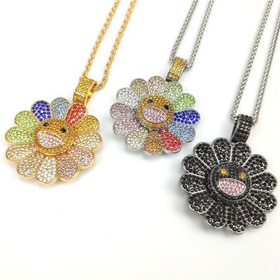 China New Design Cute Jewelry Cute Rhinestone Metal Colorful Sunflower Shape Hip Hop Style Necklace Pendants For Woman And Men for sale