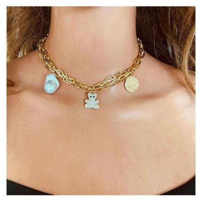 China Wholesale Cute Cute Style Chain Bear Shape Crystal Zircon Pearl Gold Plated Necklace Jewelry Woman Girls Accessories for sale