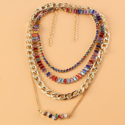 China Luxury New Vintage Design Gold 4 Layers Charm Colorful Crystal Rhinestone Necklace Jewelry Woman Pendant Girls Accessories for sale