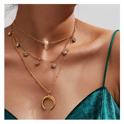 China 2021 Vintage New Design Charm Multi Layer Chains Moon Shape Pearl Rhinestone Necklace Woman Girls Jewelry Daily Accessories for sale