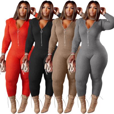 China Autumn Breathable Winter Chunky Sweater Knit Casual Romper Long Sleeve Solid Ribbed Zipper Thicken Hoodie Playsuits Women Overalls for sale