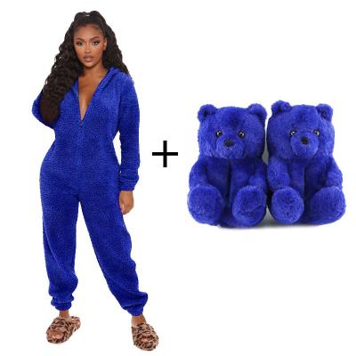 China One Piece Girls Fuzzy Velor Bear Slippers Pajamas Velvet Teddy Winter Breathable Sleepwear Plus Size With Overalls Lounge Wear For Women for sale