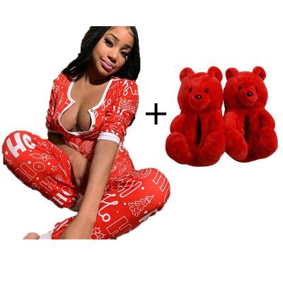 China QUICK DRY Christmas Onesie Pajamas Loungewear Sleep Lounge Wear Set Pajamas Women Sleepwear Teddy Bear Slippers With Christmas Pajamas for sale