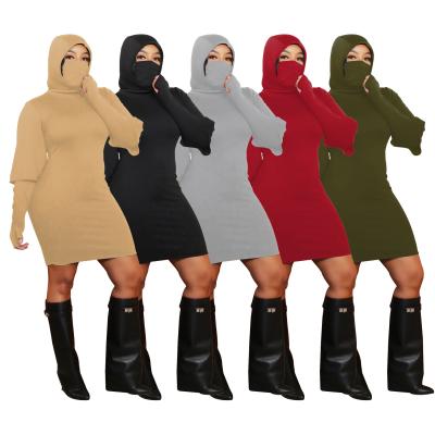 China Solid Color Breathable Stretch Hooded Ladies Dress Long Sleeve High Collar Cheap Casual Women Dress for sale