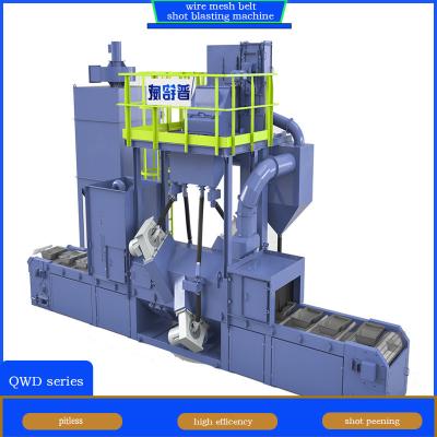 China Yellow and Blue Wire Mesh Belt Conveyor Shot Blasting Machine for Workpiece Descaling for sale