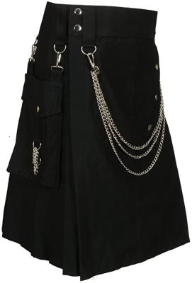 China Cotton Scottish Black Fashion Utility Kilt With Silver Chains for sale