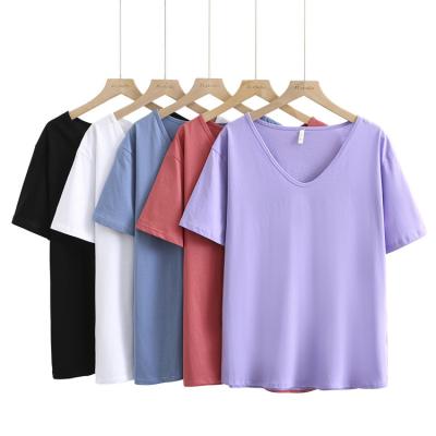 China 240 gsm Top Quality Women's Clothing Summer 100% Soft Cotton Breathable Custom Wholesale Loose Simple Short Sleeve V-Neck T-Shirts for sale