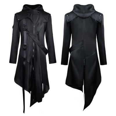 China Men's Gothic Renaissance Steampunk Jacket Vintage Autumn Hooded Zipper Coat Medieval Costume For Men Plus Size Black Strap Tuxedo for sale