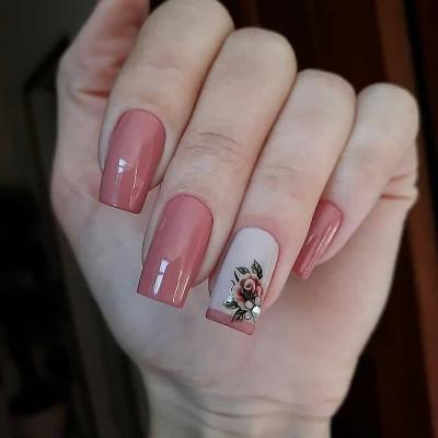 China Not easy to break; Good Flexibility Most Popular Full Cover Medium Artificial Nails Square Products False Nail Art Flowers Press On Nails With Rhinestones for sale