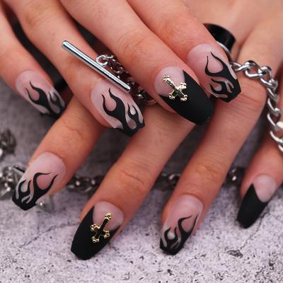 China Not easy to break; Voucher Flexibility Private Label Black Soft Gel Flame Full Cover Nails Square Charm Fake Nails Cross Fake Nails Short Press On Nails for sale