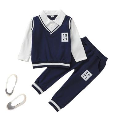 China Wholesale Preppy Tasteful Wholesale Korean Style Sleeve Shirt Navy Blue Autumn Fashion 2pcs Kids Boy Clothing Set From Guangzhou for sale