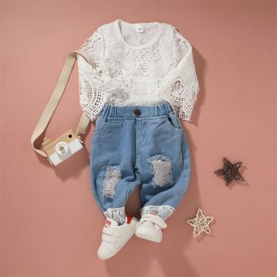 China New Arrival Autumn High Street Style Long Sleeve Lace Anti-Shrink Shirt Matching Ripped Baby Autumn Clothing Set Jeans for sale