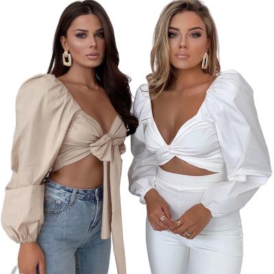 China Anti-pilling sale products fashion puff sleeve wrap crop top woman sheaths long blouse v-neck tops for women for sale