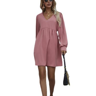 China Anti-Static Loose Short V-neck Long Sleeve Solid Color Women Customization Dress OEM Manufacturing Teenage Girls Advanced Casual Outfits for sale