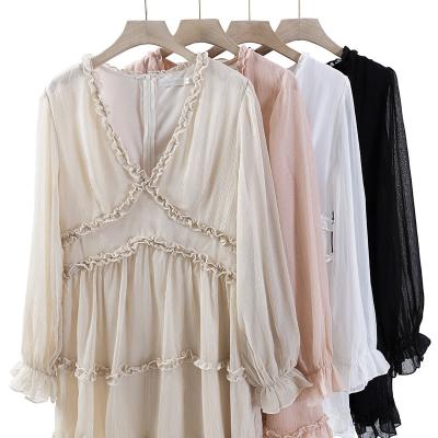 China Anti-Static Customized Casual Shorts Dress Cute Modest Teenage Girls Loose V-Neckline Chiffon Ruffles Dress For Women for sale