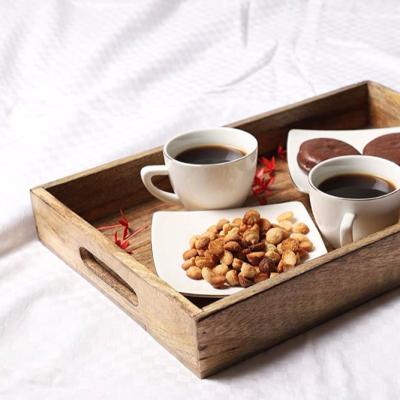 China Brown Eco-Friendly Rustic Wooden Food Serving Tray Cutout Handles Breakfast and Coffee in Bed for sale