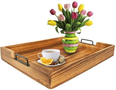 China Eco-friendly distressed charred wood serving tray with modern black metal handles for sale