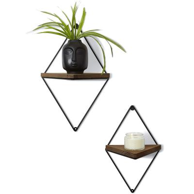 China Eco-Freindly set 2 triangle rustic wooden shelves with folding triangle metal frame for wall decoration for sale