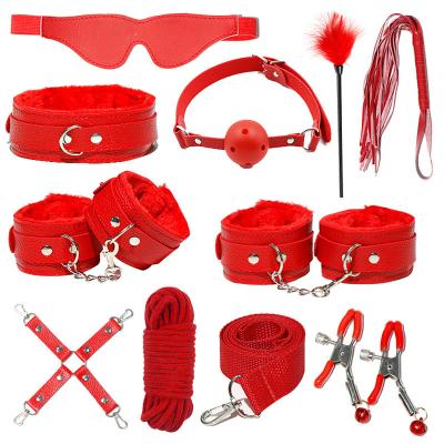 China SM Fun BDSM Sexy Set Sex Toys Kits For Couples PU Sex Bondage Set Handcuffs Sex Games Whip Gag Shackles Collar Fluff Stick Nipple Clamp for sale