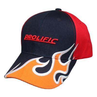 China JOINT Flame Racing Embroidery Baseball Cap Wholesale Custom Logo 6 Panel Racing Embroidered Flames Overflow Baseball Cap Hat for sale