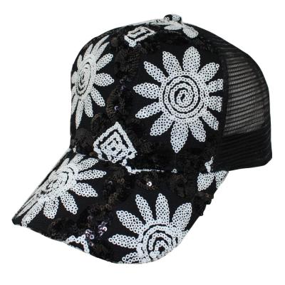 China JOINT Baseball Caps Sequin Flower Black Polyester Trucker Hat 5 Panel Sun Hat Men Snapback Closure Gorras for sale