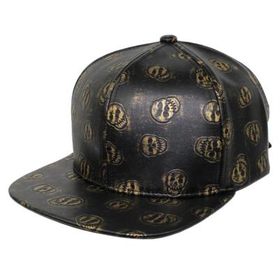 China Character Faux Leather Skull Printed Black Women Men Unisex Adjustable Snapback Hip Hop Baseball Cap Hat for sale