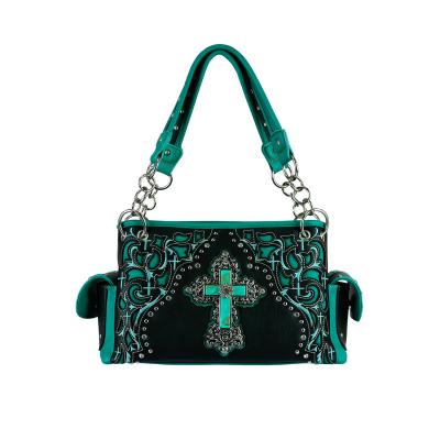 China Brand New Vintage Style Women Handbag Western Laser Engraving Tooled PU Leather Shoulder Bag With Cross for sale