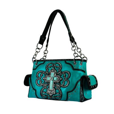 China Vintage New Design Style Women Handbag Western Laser Engraving Tooled PU Leather Shoulder Bag With Cross for sale