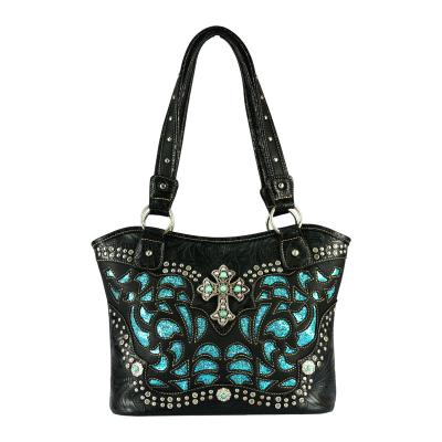 China Western Fashion Shoulder Bag Turquoise Cross Laser Engraving Women Leather Handbag Hidden Carry for sale