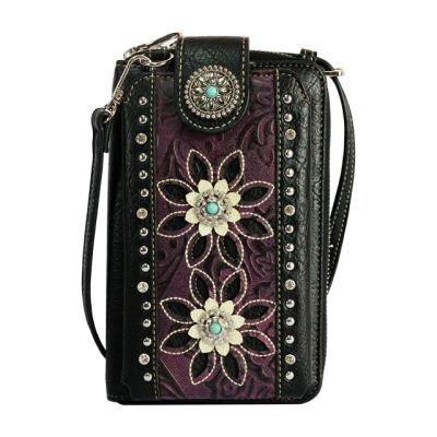 China Fashion LOW MOQ Cross - Body Western Tooled Leather Cell Phone Purse PU Travel Size With Strap Custom Logo Color for sale