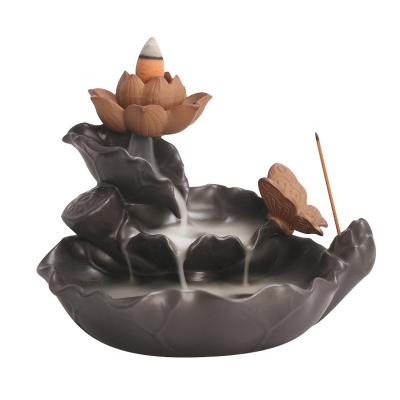 China Unique Ceramic Backflow Lotus Incense Burner Waterfall Chinese Incense Censer Stick Holder for sale