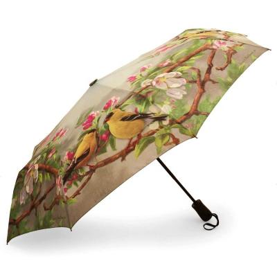 China Minimalist Fashionable 190T Pongee Custom Bird And Tree Printed Auto Open 3 Fold Umbrella for sale